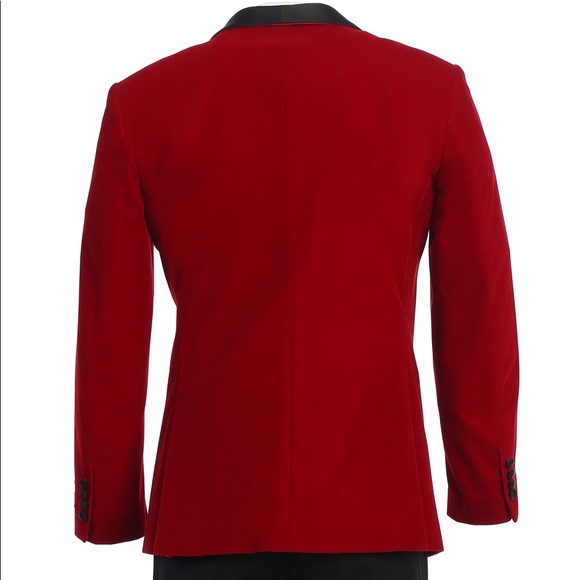 Men's Premium Slim Fit Red with Black Shawl Lapel Velvet Tuxedo Jacket - Picture 2 of 4